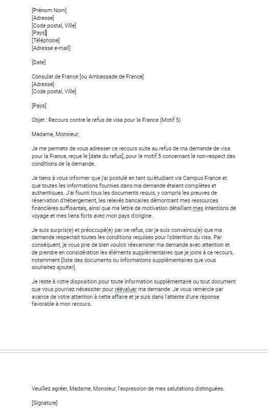 Exemple de modèle de recours de refus de visa motif 5
